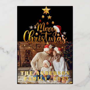 Elegant Merry Christmas Gold Pressed Photo Foil Holiday Card