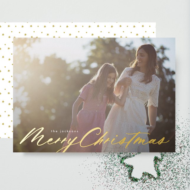 Elegant Merry Christmas Gold Pressed Photo Foil Holiday Card (Creator Uploaded)