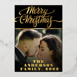 Elegant Merry Christmas Gold Pressed Photo Foil Holiday Card