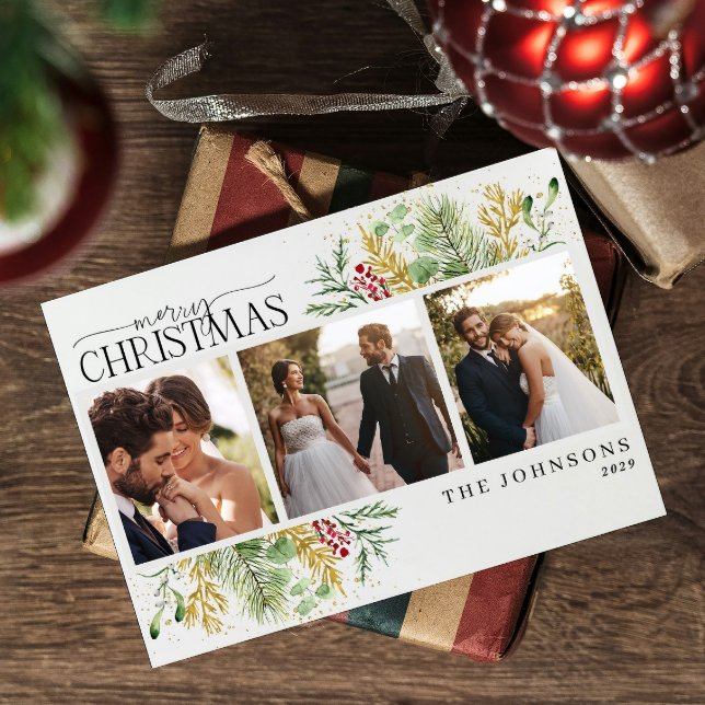 Elegant Merry Christmas Gold Red Berries Photo  Holiday Card (Creator Uploaded)