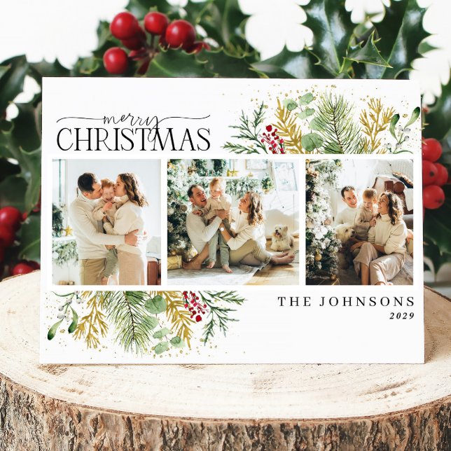 Elegant Merry Christmas Gold Red Berries Photo  Holiday Card (Creator Uploaded)