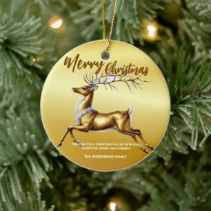 Elegant Merry Christmas Gold santa Deer Moose xmas Ceramic Ornament