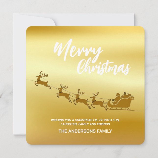 Elegant Merry Christmas Gold santa Deer Sled xmas Holiday Card (Front)
