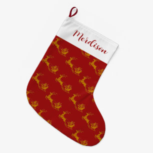 Elegant Merry Christmas Gold santa Deer xmas patte Large Christmas Stocking