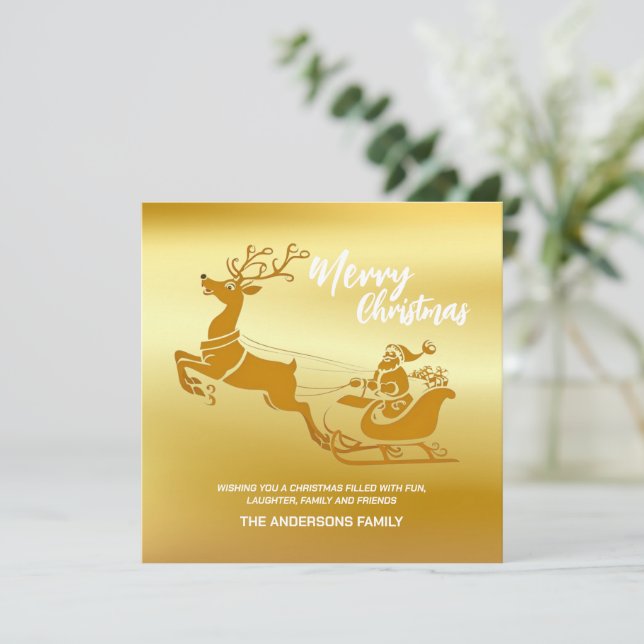 Elegant Merry Christmas Gold santa Sled xmas patte Holiday Card (Standing Front)