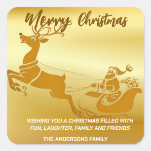 Elegant Merry Christmas Gold santa Sled xmas Square Sticker