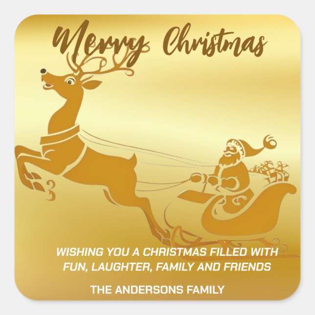 Elegant Merry Christmas Gold santa Sled xmas Square Sticker (Front)