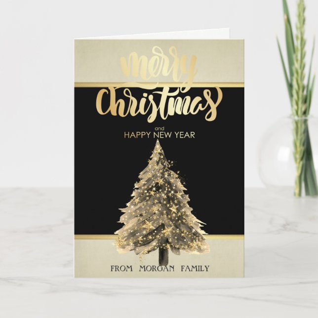 Elegant Merry Christmas,Gold Stars Christmas Tree Holiday Card (Front)