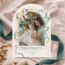 Elegant Merry Christmas Green Pink Bow Arch Photo