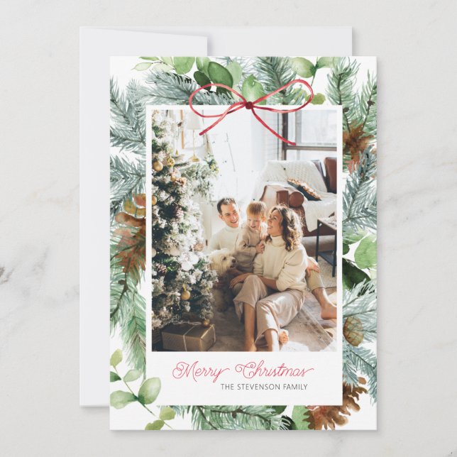 Elegant Merry Christmas Greenery Photo Holiday Card (Front)