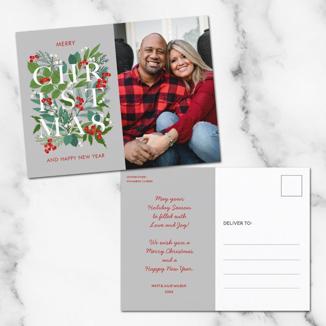 Elegant Merry Christmas Greenery Photo Holiday Postcard (Creator Uploaded)
