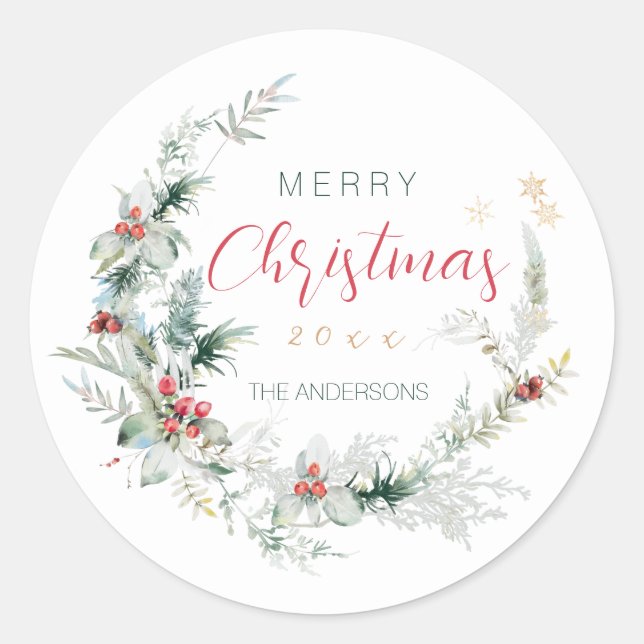 Elegant Merry Christmas half wreath watercolor Classic Round Sticker (Front)