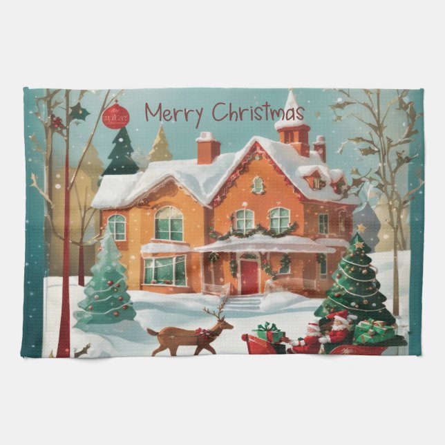 Elegant Merry Christmas Holiday Kitchen Towel (Horizontal)