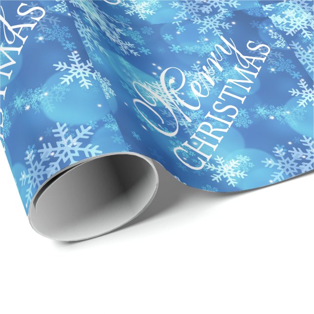 Elegant Merry Christmas Holiday Sparkle Blue Wrapping Paper (Roll Corner)