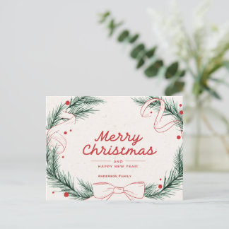 Elegant Merry Christmas Holly Wreath Family Name  Holiday Postcard