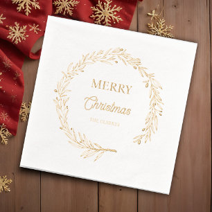 Elegant Merry Christmas Holly Wreath Foil Napkins