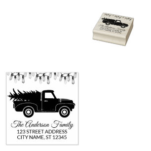 Elegant Merry Christmas Light Bulbs truck and tree Rubber Stamp
