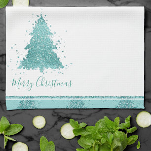 Elegant Merry Christmas   Luxe Aqua Mint Splatter Tea Towel