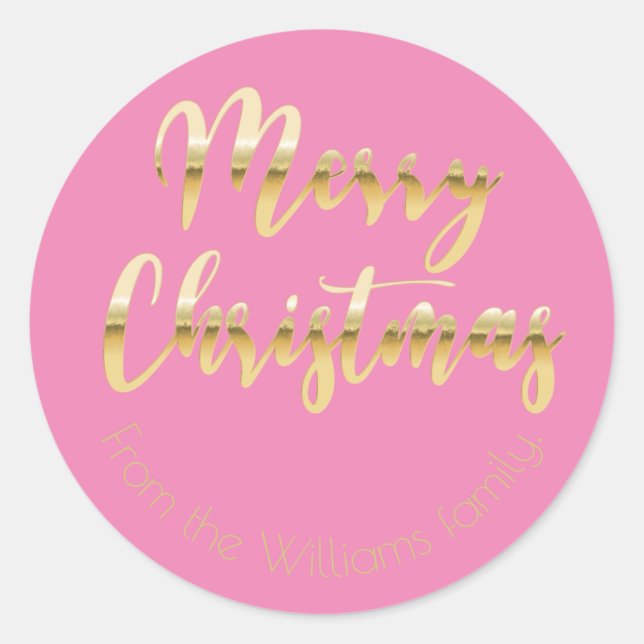 Elegant Merry Christmas metallic gold look pink Classic Round Sticker (Front)