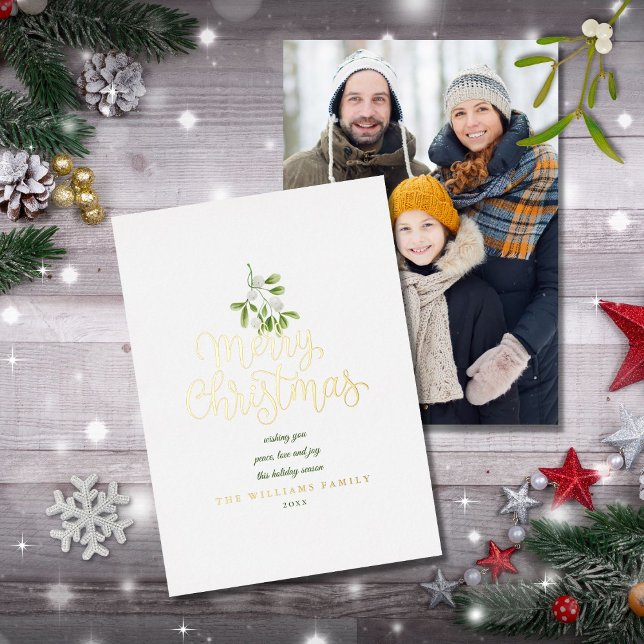 Elegant Merry Christmas Mistletoe Photo Gold Foil Holiday Card (Creator Uploaded)