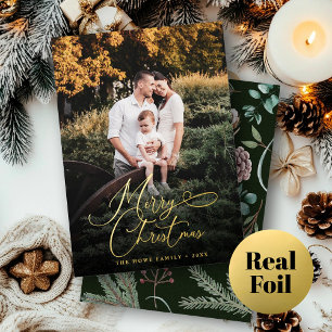 Elegant Merry Christmas Modern Photo Pine Cone Foil Holiday Card