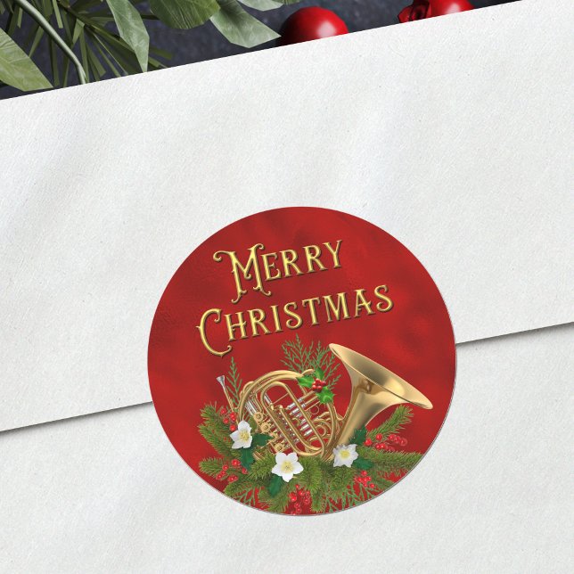 Elegant Merry Christmas Music French Horn Red Classic Round Sticker (Creator Uploaded)