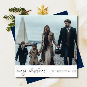 Elegant Merry Christmas Nautical Family Photo Blue Holiday Card