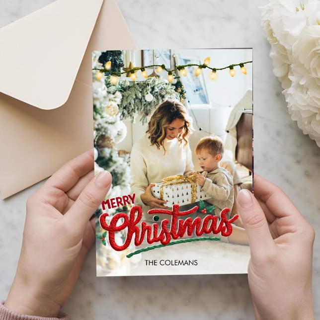 Elegant Merry Christmas one photo personalized Holiday Card (Creator Uploaded)