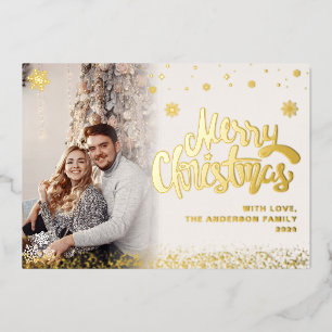 Elegant Merry Christmas Overlay Photo Snowflake  Foil Holiday Card