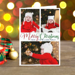 Elegant Merry Christmas Photo Cute Colourful Scrip Holiday Card<br><div class="desc">Elegant Merry Christmas photo folded card with beautiful cursive typography in red and green. This modern holiday family photograph card features gorgeous script and your name over 3 photos. Customise the inside with a full photograph and your own message.</div>