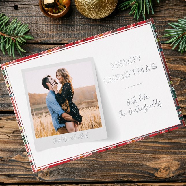 Elegant Merry Christmas Photo Silver Foil Holiday Card (Christmas Photo Family Red Plaid Silver Foil Greetings)