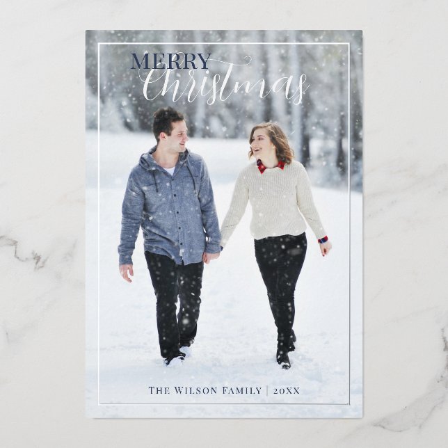 Elegant Merry Christmas Photo Silver Foil Holiday Card (Front)