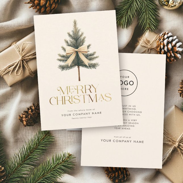 Elegant Merry Christmas Pine Tree Bow Business Holiday Card (Creator Uploaded)