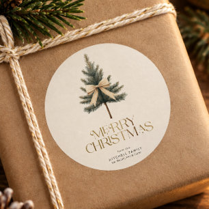 Elegant Merry Christmas Pine Tree Bow Family Classic Round Sticker