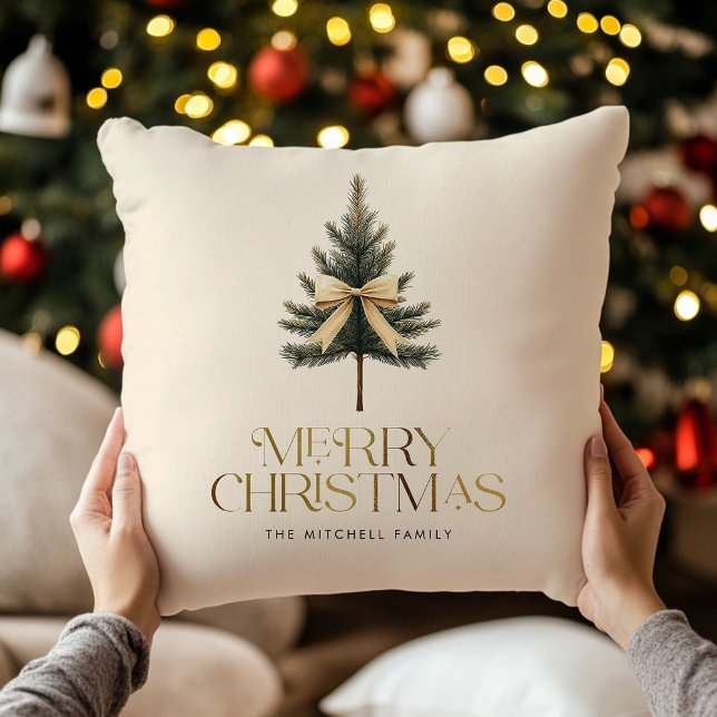 Elegant Merry Christmas Pine Tree Bow Family Cushion (Creator Uploaded)