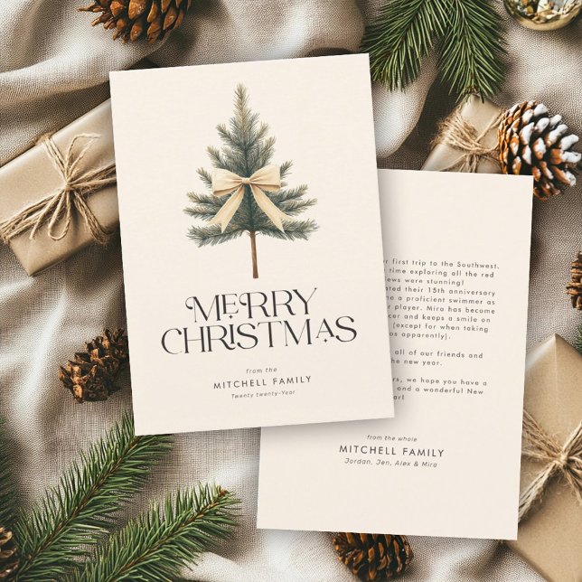 Elegant Merry Christmas Pine Tree Bow Family Holiday Card (Creator Uploaded)