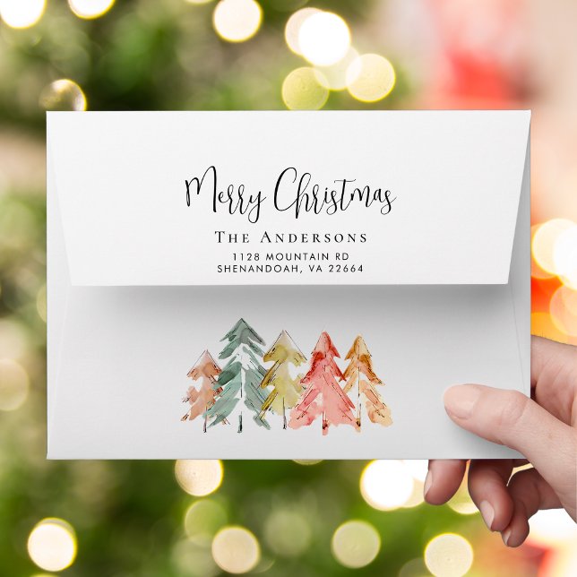 Elegant Merry Christmas Pine Tree Watercolor Envelope (Creator Uploaded)