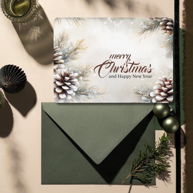 Elegant Merry Christmas Pinecones Evergreen Branch Holiday Card (Creator Uploaded)