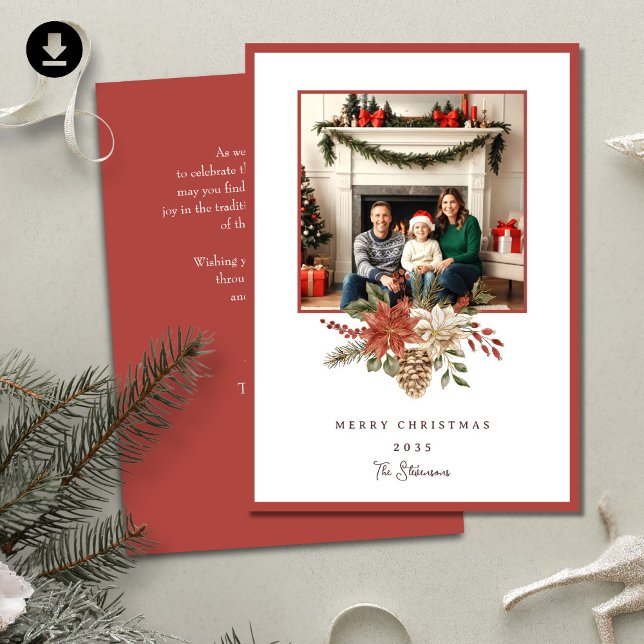 Elegant Merry Christmas Poinsettia Photo Holiday Card (Creator Uploaded)