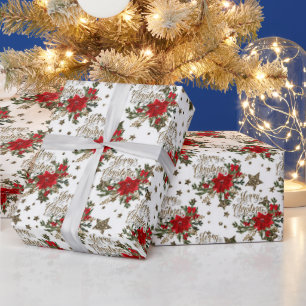 Elegant Merry Christmas poinsettias Wrapping Paper