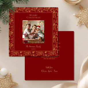 Elegant Merry Christmas Red Faux Gold Photo Holiday Card