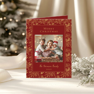 Elegant Merry Christmas Red Faux Gold Photo Holiday Card