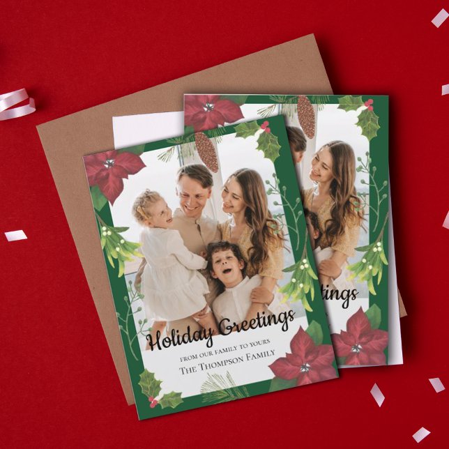Elegant Merry Christmas Red Flower Family Photo Holiday Postcard (Elegant Merry Christmas Red Flower Family Photo Holiday Postcard)