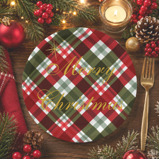 Elegant Merry Christmas Red & Green Tartan Plaid Paper Plate