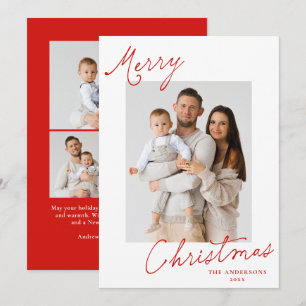 Elegant Merry Christmas Red Script Photo Holiday Card