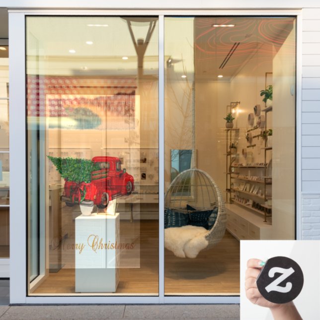 Elegant Merry Christmas Red Truck Pine Tree  (Store Window)