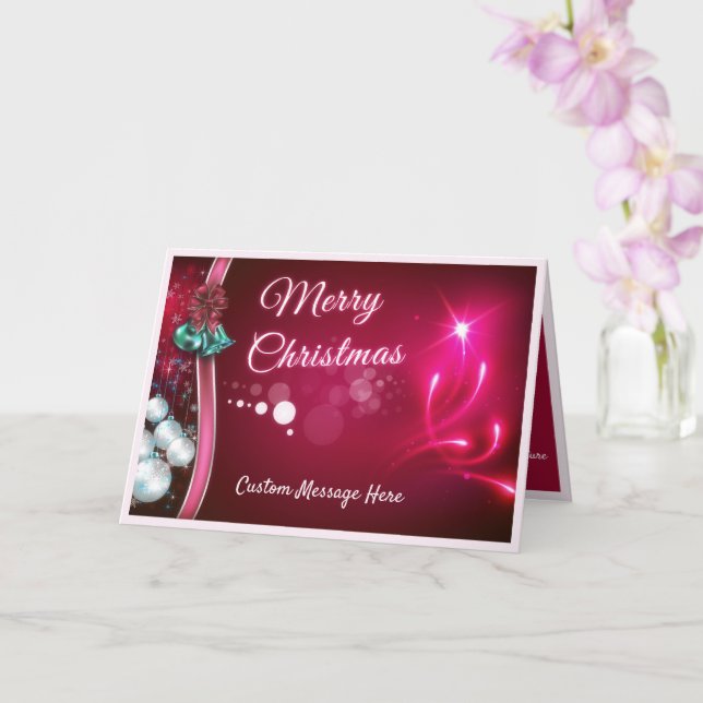 Elegant Merry Christmas Ribbon & Ornaments Holiday Card (Orchid)