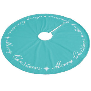 Elegant Merry Christmas Robins Egg Turquoise Fleece Tree Skirt