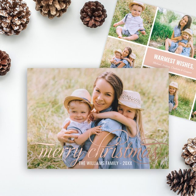 Elegant Merry Christmas Rose Gold Photo Collage Foil Holiday Card (Creator Uploaded)