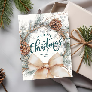 Elegant Merry Christmas Script Botanical Wreath  Holiday Postcard